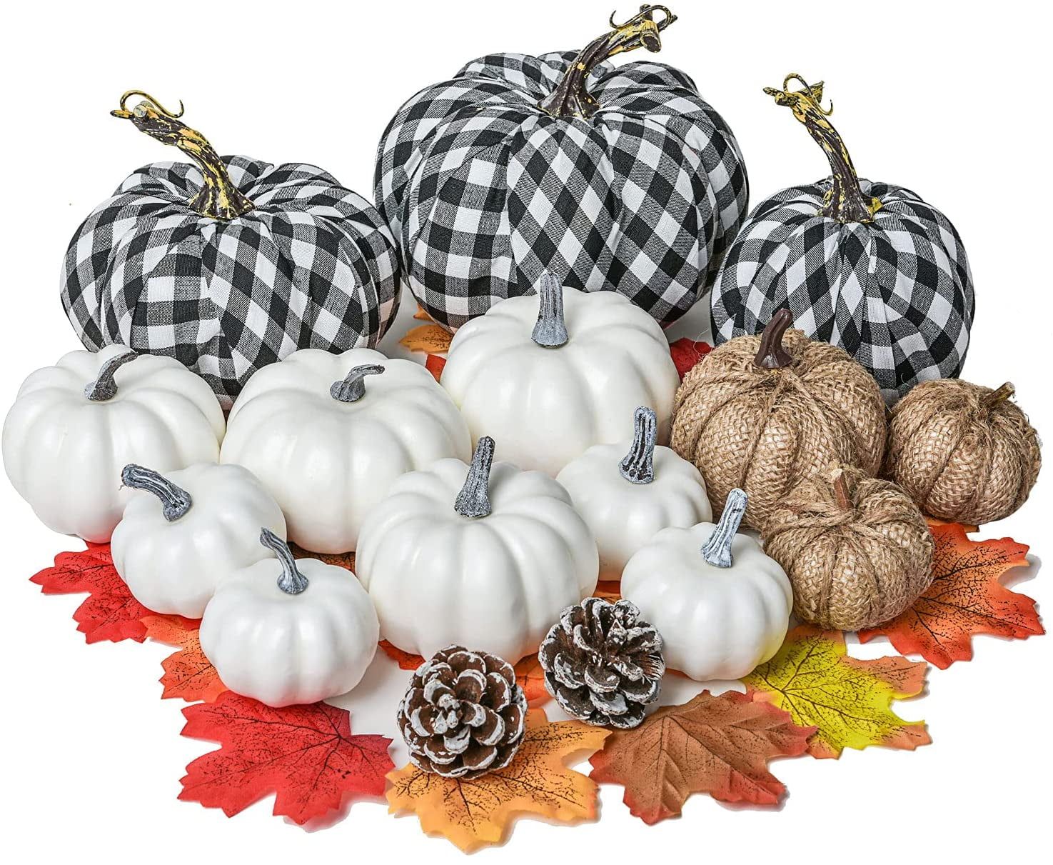 Coolmade Artificial Pumpkins Set Harvest Decoration, 14pcs Assorted Size Pumpkins with 50pcs Mapl... | Walmart (US)