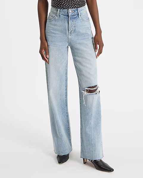 High Waisted Light Wash 50/50 Rigid Stretch Ripped Wide Leg Jeans | Express