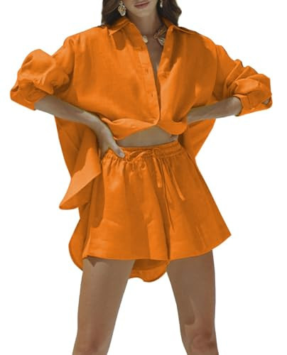 Fixmatti Womens Button Up Short Sets 2 Piece Linen Outfits Button Down Long Sleeve Shirt Drawstring Shorts Sweatsuit Orange XL | Amazon (US)