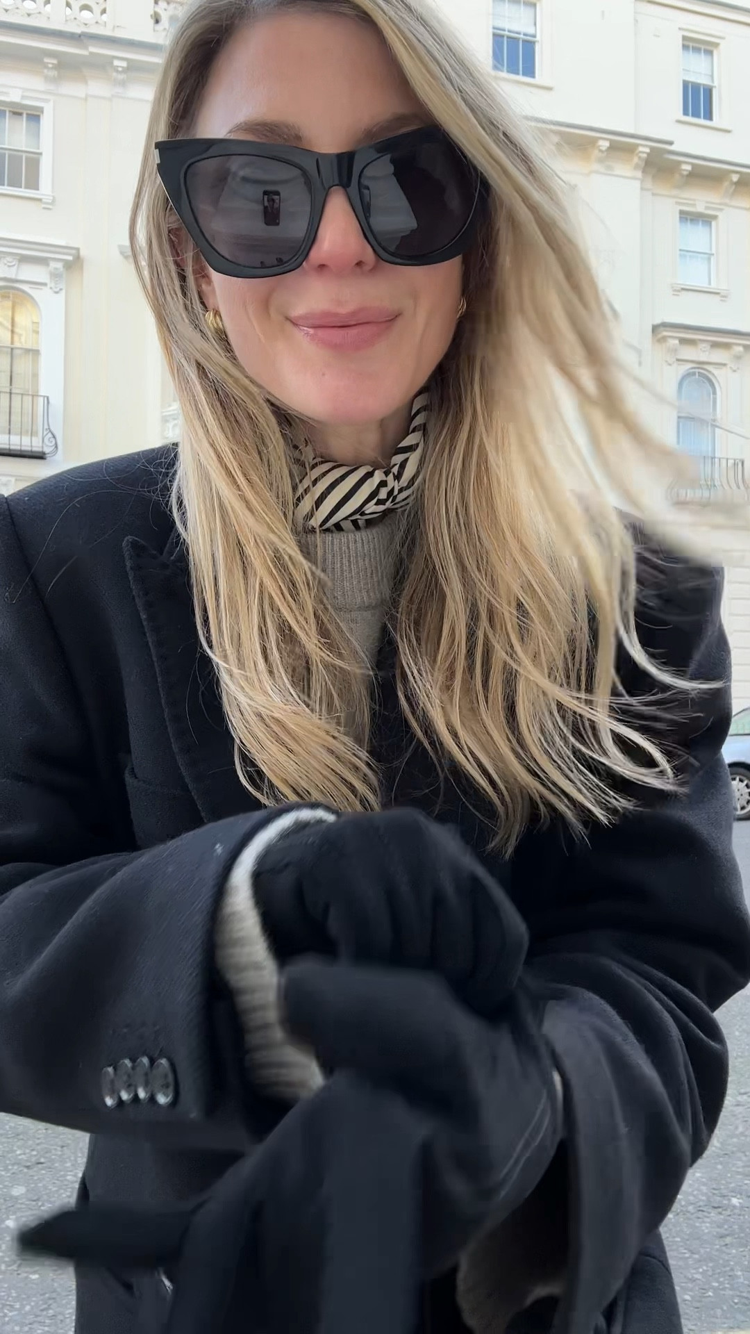 Winter outfit 
Long black coat
Office look 
Warm but chic
Toteme scarf 
Ysl Cat eye sunglasses 

#LTKeurope #LTKstyletip #LTKworkwear