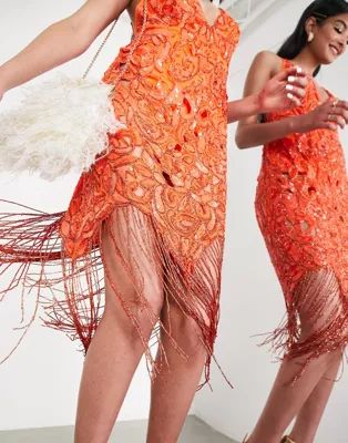 ASOS EDITION sequin cutwork cami midi dress with fringe hot orange | ASOS | ASOS (Global)