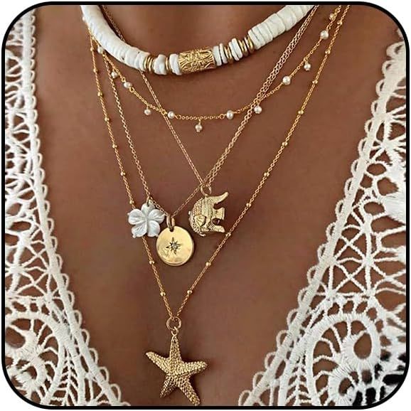 Ymimanchil Beach Shell Charm Necklace for Women Boho Shell Starfish Flowers Layered Necklace Boho... | Amazon (US)