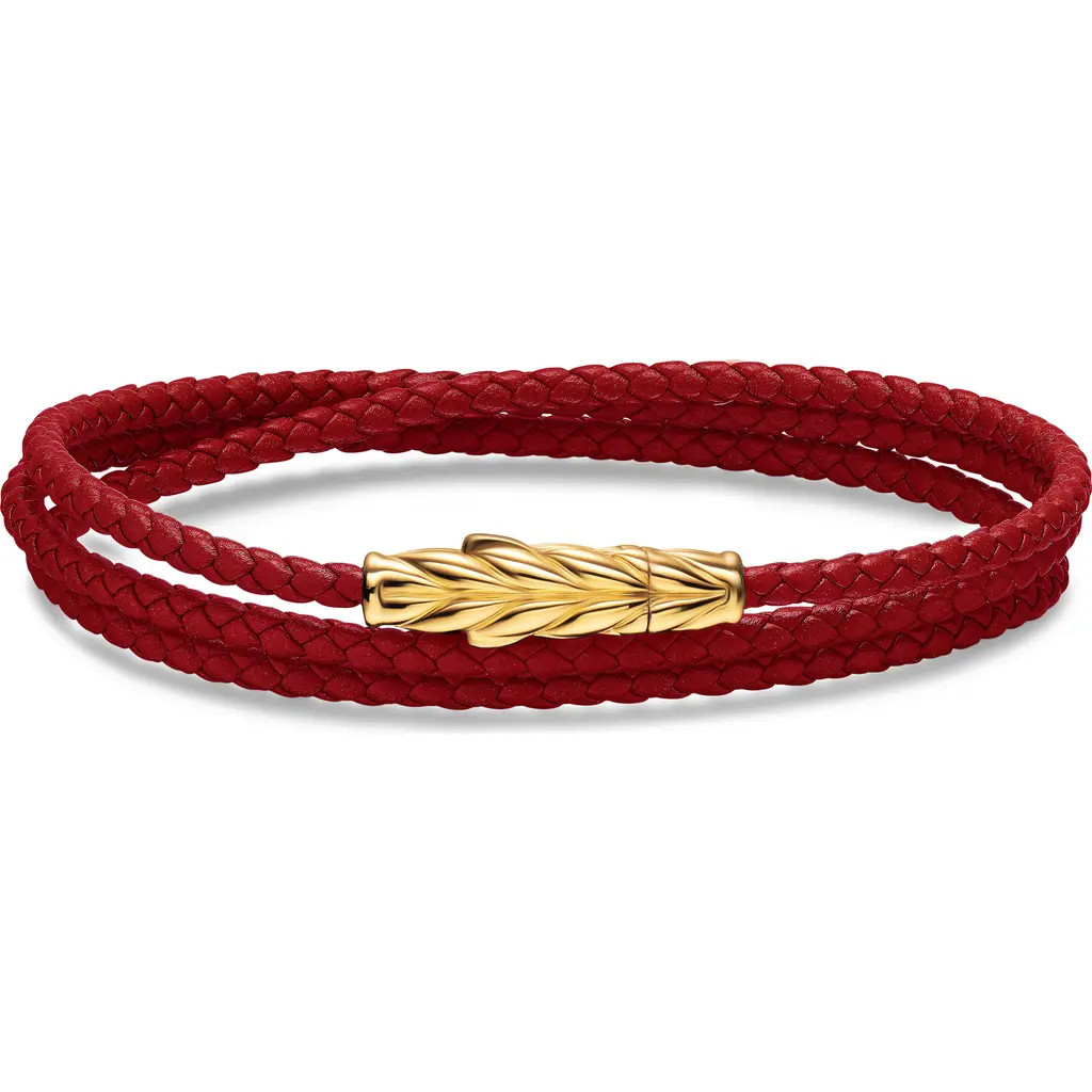 David Yurman Men's Chevron Triple Wrap Bracelet in Leather with 18K Yellow Gold, 3mm in Red at Nordstrom, Size Medium | Nordstrom