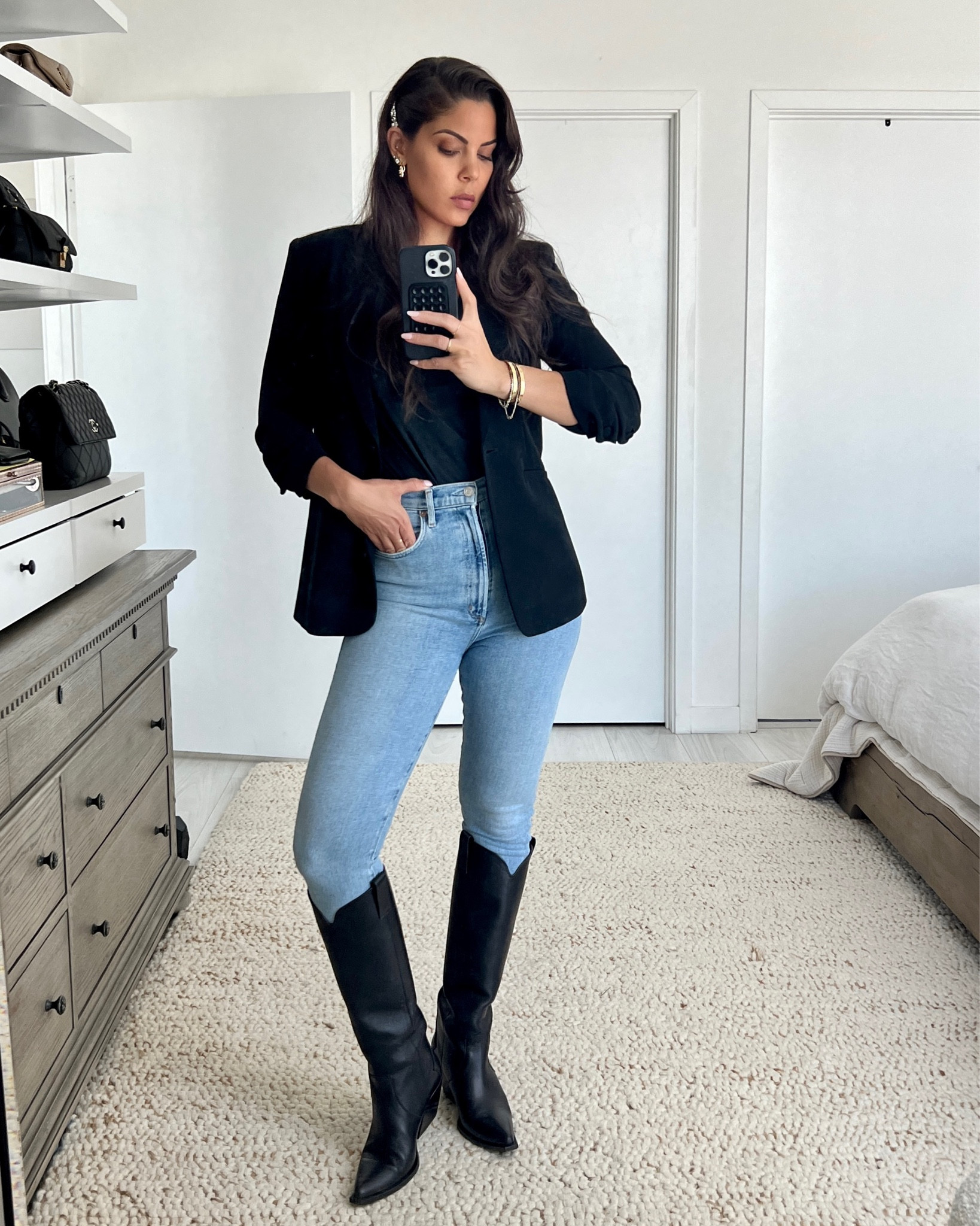 Knee high black leather boots from Anine Bing. Black blazer and Agolde jeans. 



#LTKstyletip #LTKshoecrush #LTKSeasonal