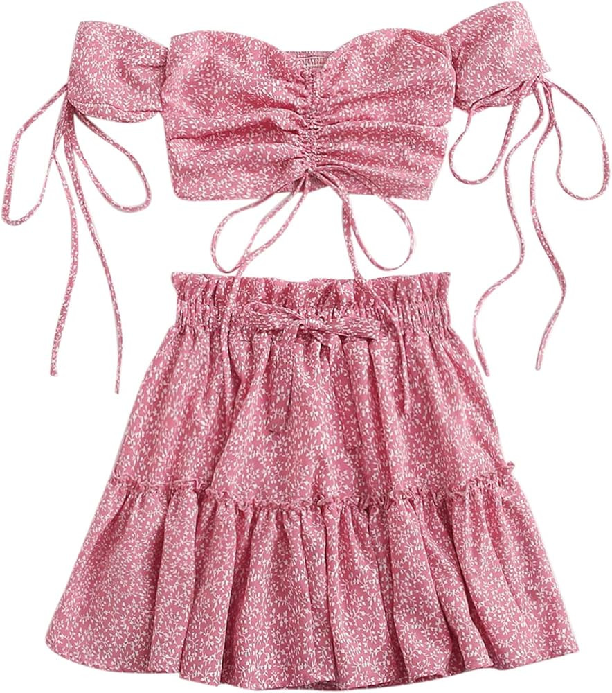 Floerns Women's Two Piece Outfit Floral Off Shoulder Drawstring Crop Top and Skirt Set | Amazon (US)