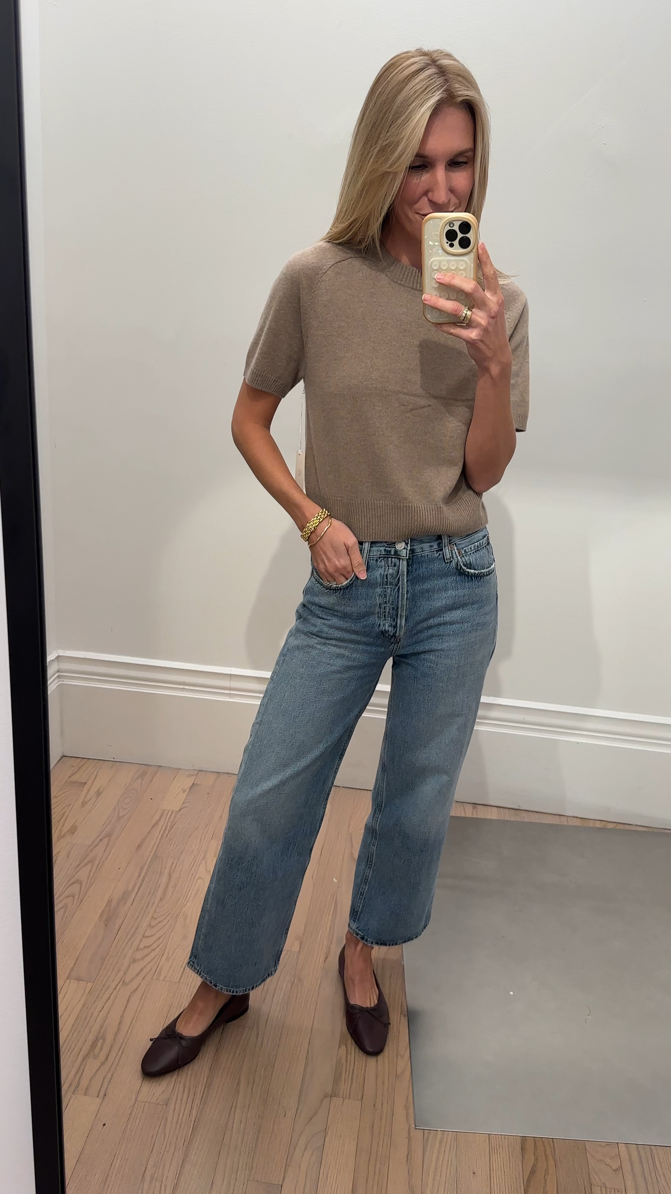 An easy fall outfit! My current favorite pair of denim, a cashmere crew tee and ballet flats in a deep wine color.

#LTKWorkwear #LTKVideo #LTKSeasonal