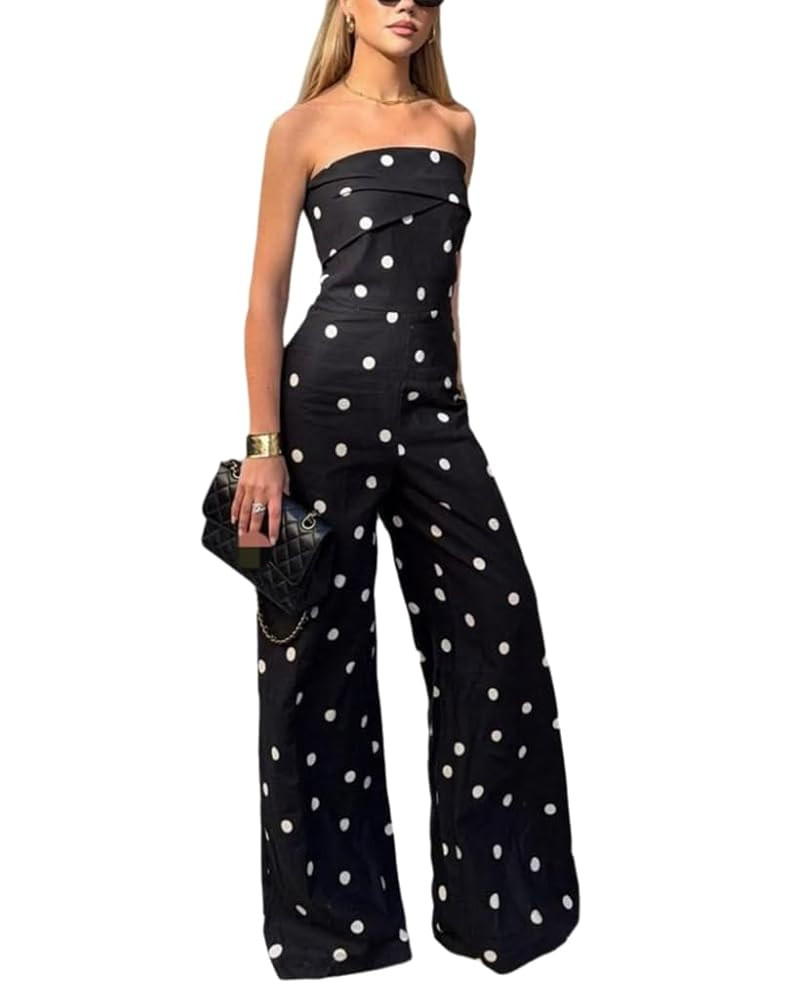 THLAI Polka Dot Jumpsuits for Women Off Shoulder Tube Top Wide Leg Pants Jumpsuits Elegant Going ... | Amazon (US)