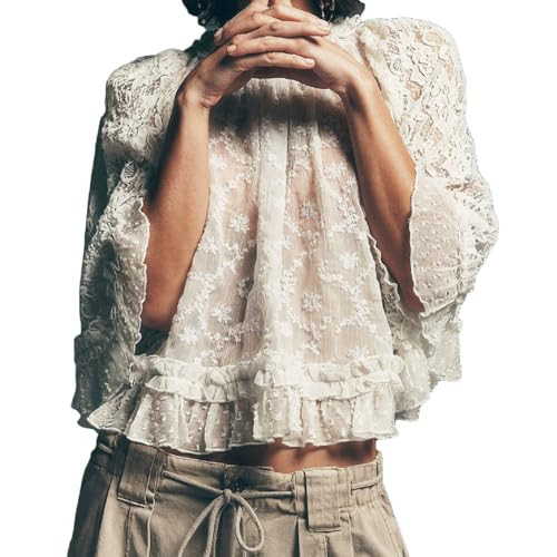 Women Boho Flowy Lace Blouse Long Sleeve Crew Neck See Through Ruffle Sheer Tops White at Amazon ... | Amazon (US)