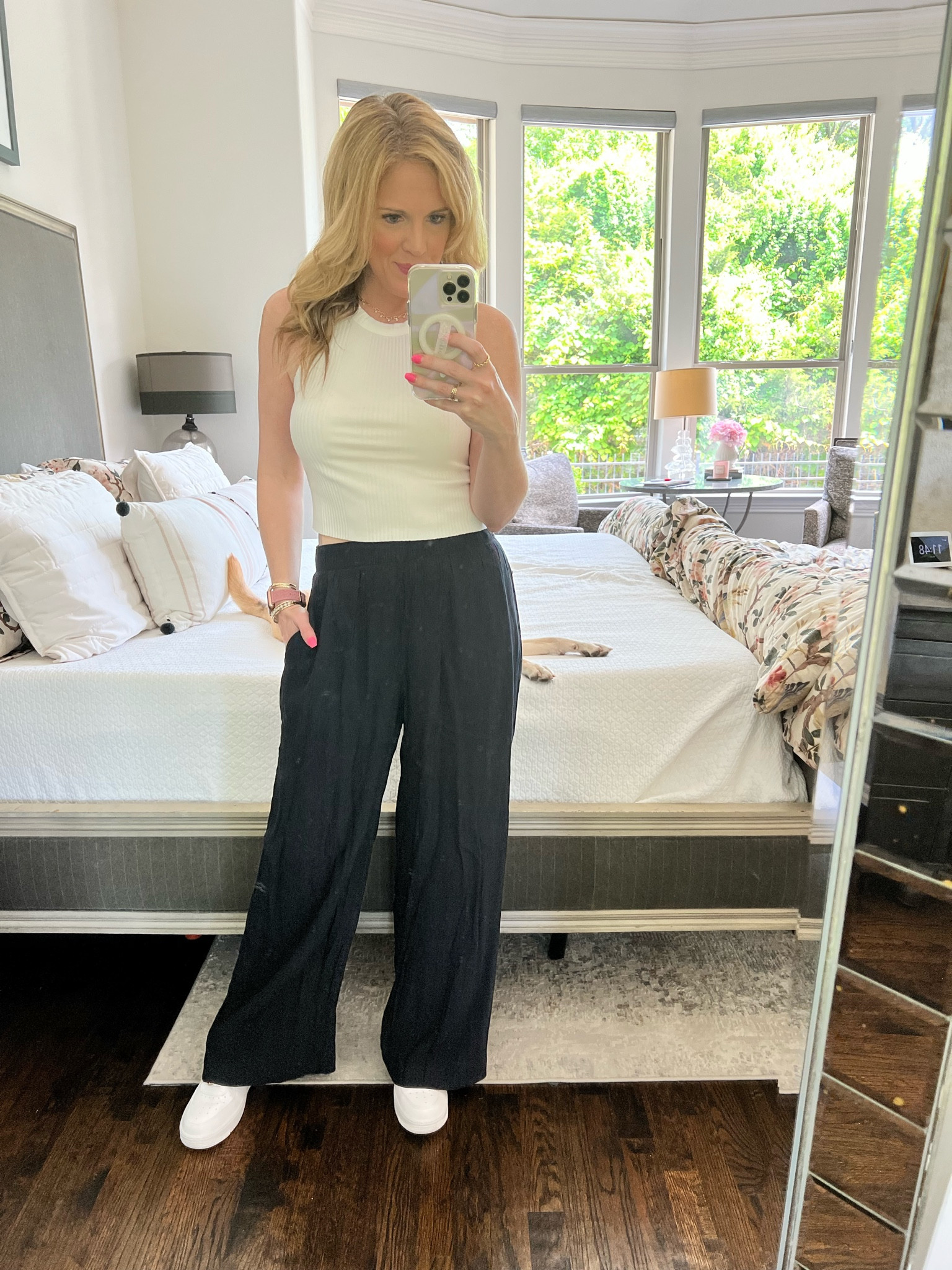 White cropped tank 
Aerie tank 
Black wide leg pants 
Black crinkle pants 
Abercrombie pants 
Summer causal look 
Spring casual look 
White Nike sneakers 
Nike Air Force ones 

#LTKshoecrush #LTKSeasonal #LTKfindsunder100