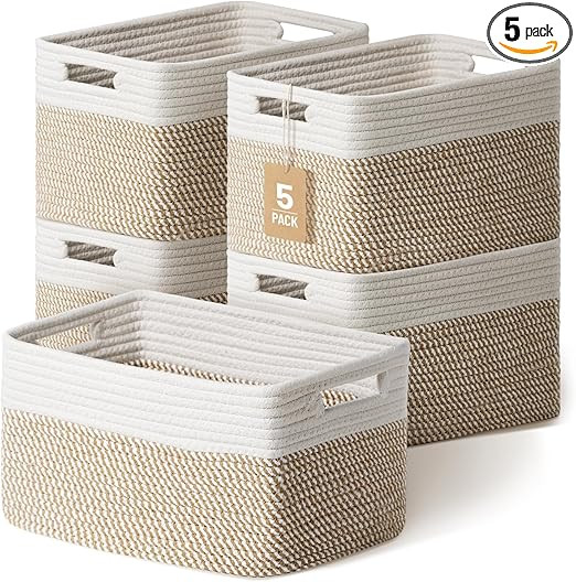 5 Pack Woven Storage Baskets for Shelves, Decorative Basket Organizer Storage Bins for Toys, Book... | Amazon (US)