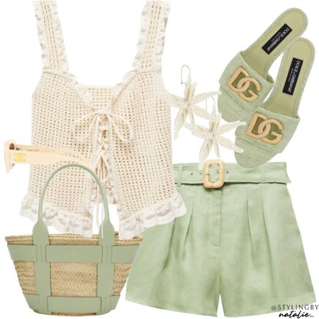 Green linen shorts with belt, open work lace detail top, Demellier raffia bag, D&G slides, celine sunglasses.
Summer outfits, holiday outfit, vacation outfit, Europe outfit.

#LTKsummer #LTKstyletip #LTKeurope