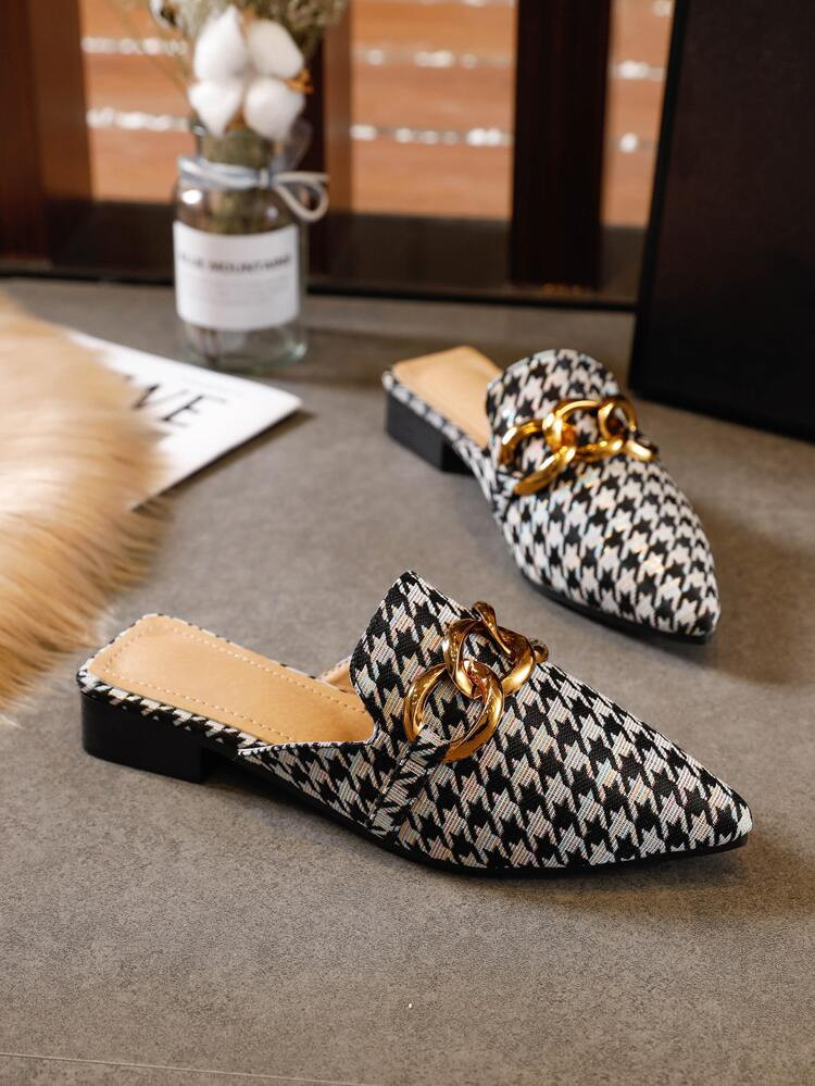 Houndstooth Chain Decor Mules | SHEIN