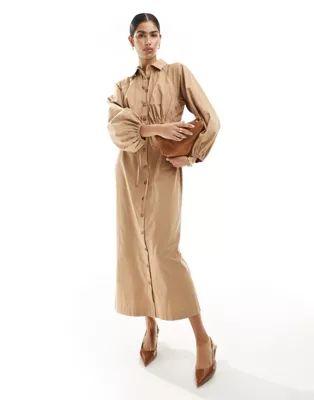 ASOS DESIGN maxi shirt dress with mac detailing in tan | ASOS (Global)