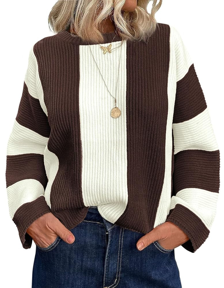 Saodimallsu Womens Striped Color Block Sweaters Fall Crew Neck Long Sleeve Ribbed Knit Casual Loo... | Amazon (US)