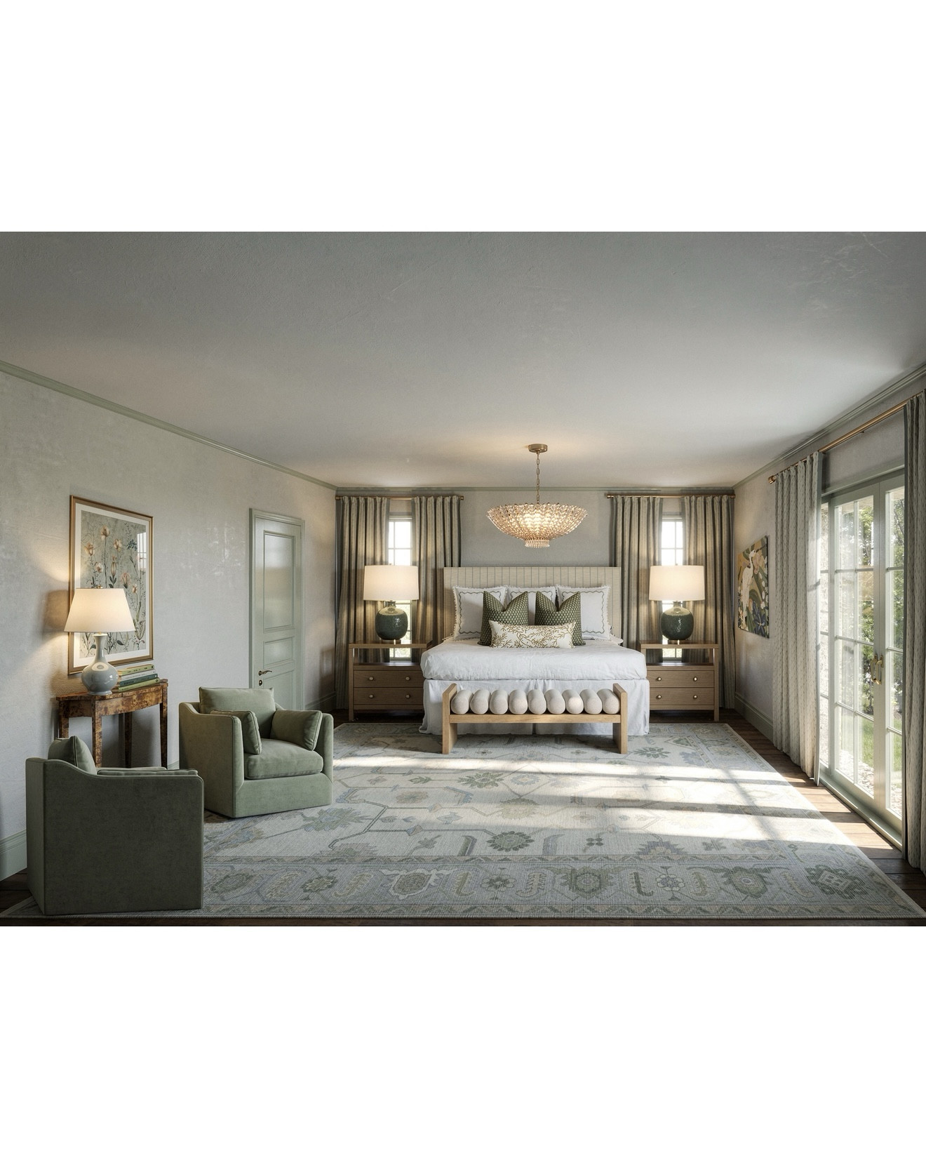 A gorgeous primary bedroom design with green pops & pattern play! 

#LTKHome #LTKdayinmylife #LTKSaleAlert