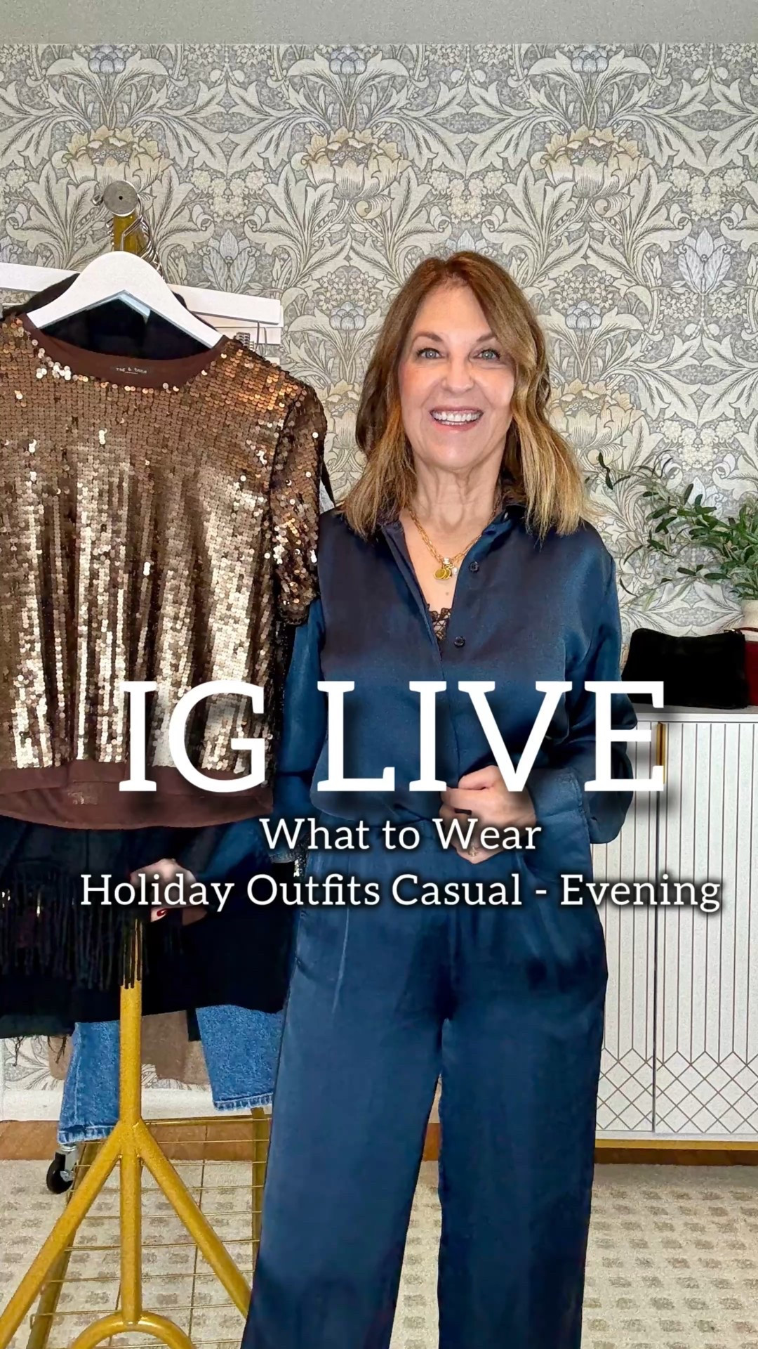Today’s Live was all about dressing for the holidays! Sparkles, sequins, and holiday colors to wear from day to evening. 

Rag & Bone green jacket -tts.  Wearing size 2
Sequin top & skirt -fits tts - wearing size Xs
Rag and bone blue top & bottom - tts - wearing Xs in both
AYR secret sauce jean -rigid. I’m wearing tts but snug.  You might want to size up.
J.Crew jeans -tts.  I'm wearing a p26
J.Crew cardigans -tts.  Wearing Xs
Halogen grey/jewel neck cardigan & glitter top. -tts.  Wearing Xs
Rails fringe jacket - runs big - wearing xxs
J.crew ecru coat -tts- wearing 2 petite
Quince red crewneck -tts- wearing Xs
Pistola embellished jean -tts-wearing 26
Green Mango cardigan - tts- wearing Xs
Good American crystal jacket - tts - wearing Xs 
Paige Anessa - tts, Wesring 26

Holiday outfits. Flowey pants, lace, slip skirts, sequins, glitter jackets, fringe, boots, red sweater, high-low looks. 

#LTKOver40 #LTKHoliday #LTKFindsUnder100
