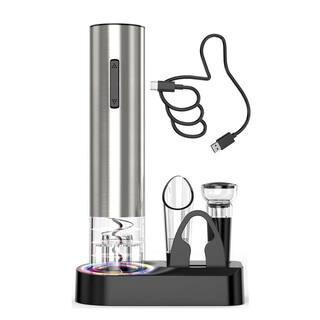 Electric Stainless Steel Wine Opener Set with Aerator Pourer, Foil Cutter, Vacuum Stopper, Display Base | The Home Depot