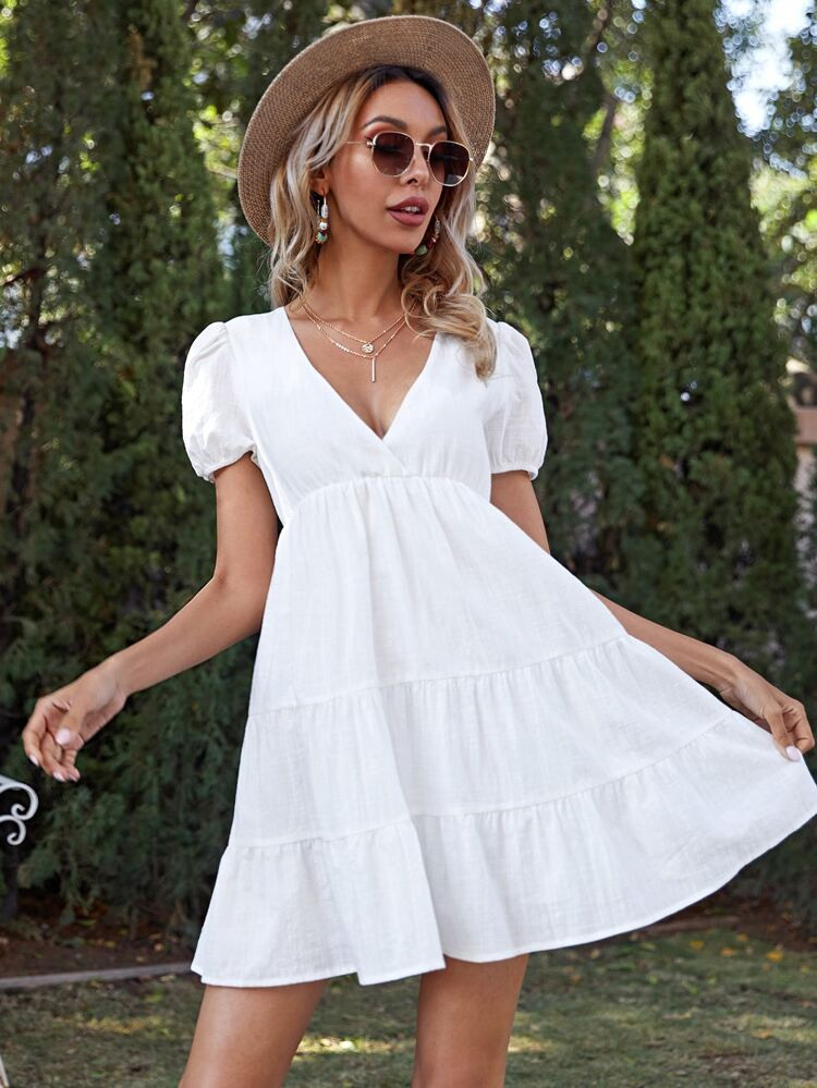 SHEIN V-neck Puff Sleeve Solid Dress | SHEIN