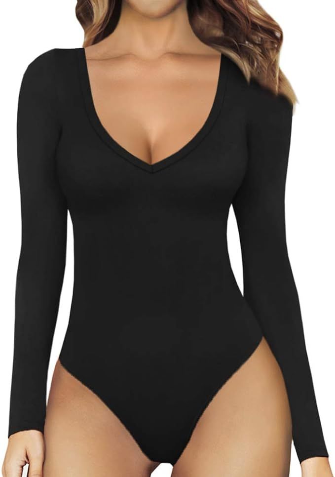 MANGOPOP Deep V Neck Short Sleeve Long Sleeve Tops Bodysuit for Women | Amazon (US)