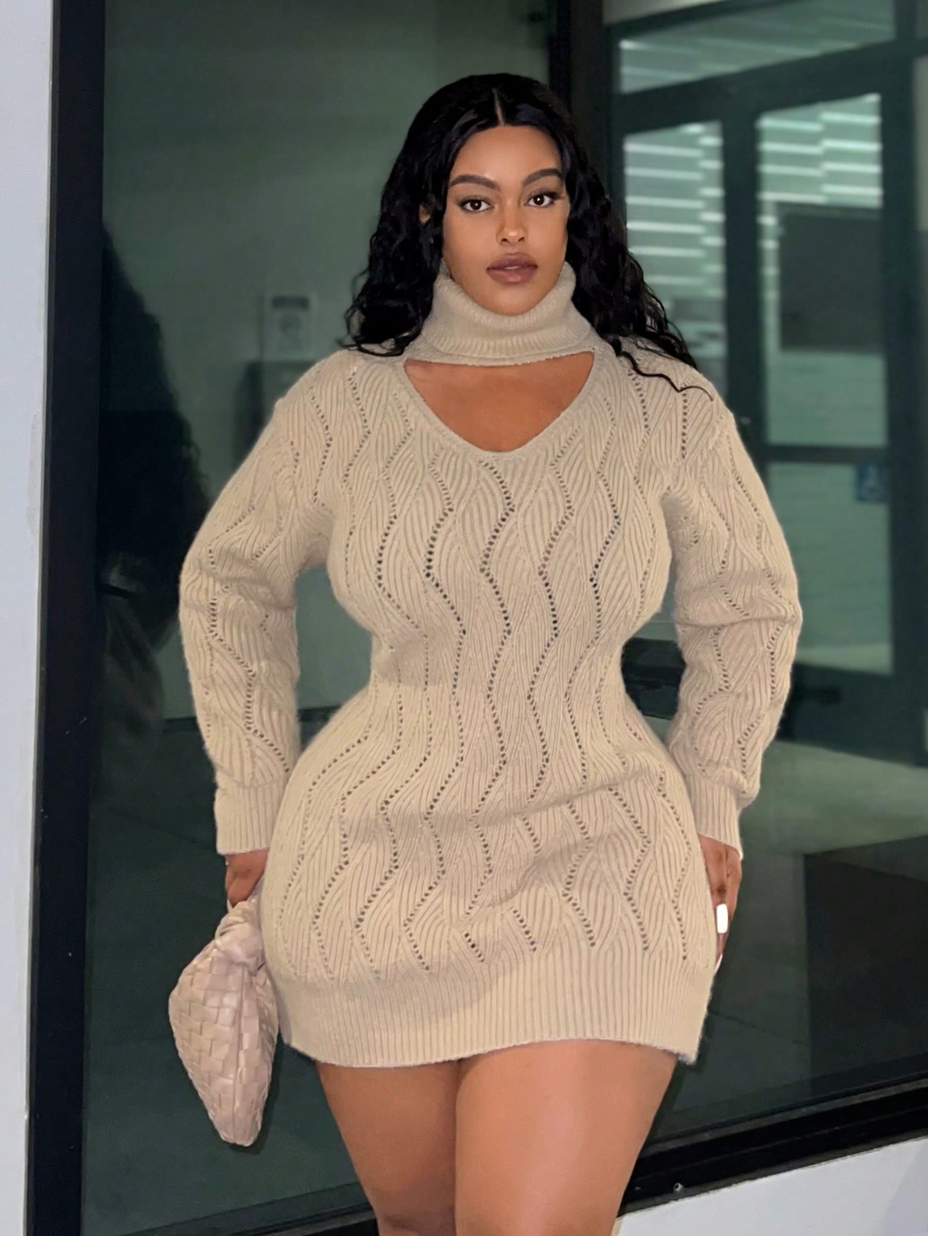 SHEIN Slayr Plus Choker Neck Pointelle Knit Drop Shoulder Sweater Dress | SHEIN