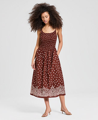 Women's Scoop-Neck Smocked Cotton Midi Dress, Macy's Exclusive | Macy's