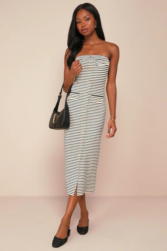 Black and Ivory Striped Strapless Midi Dress | Striped Dress | Striped Set | Lulus
