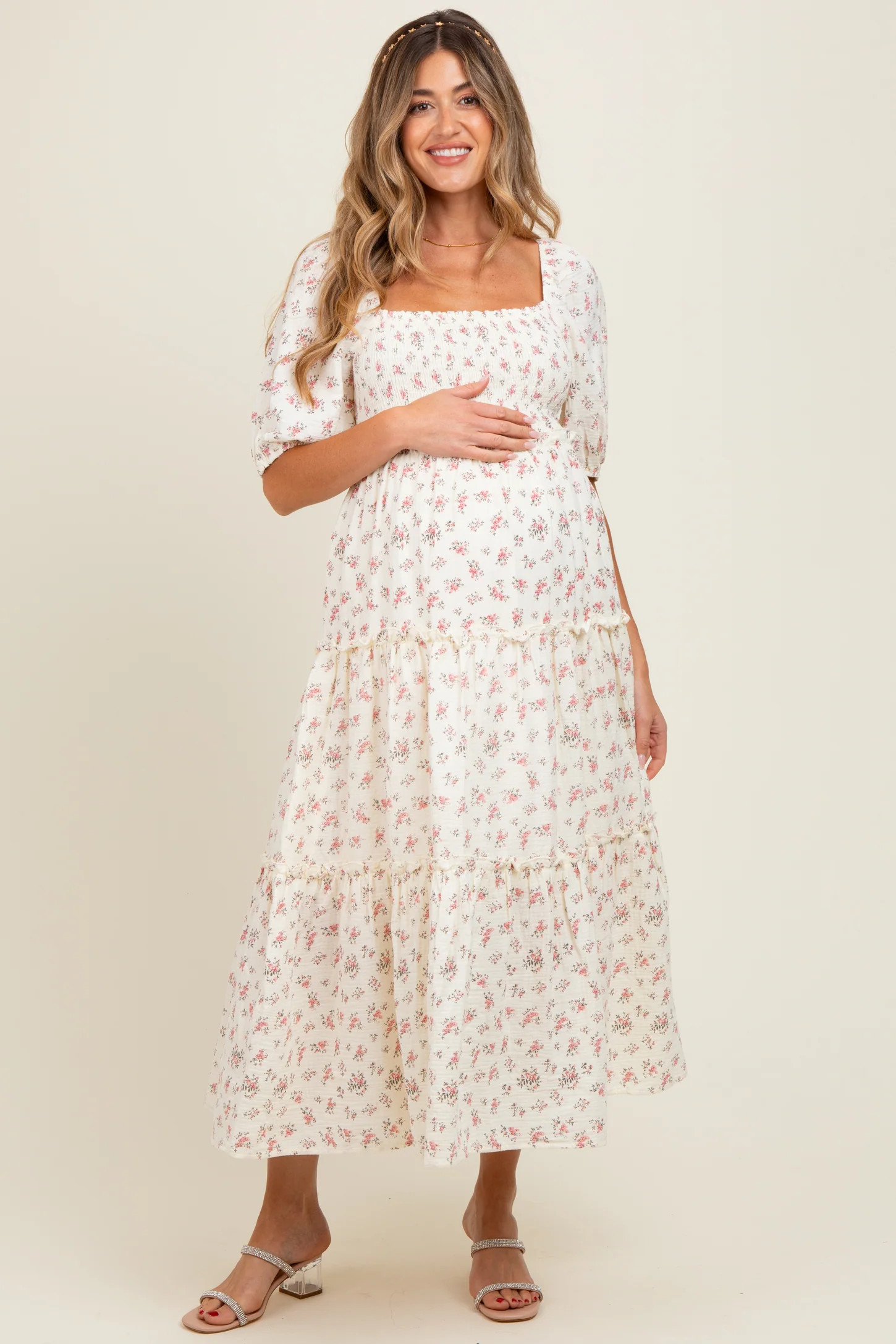Pink Floral Smocked Ruffle Tiered Maternity Maxi Dress | PinkBlush Maternity