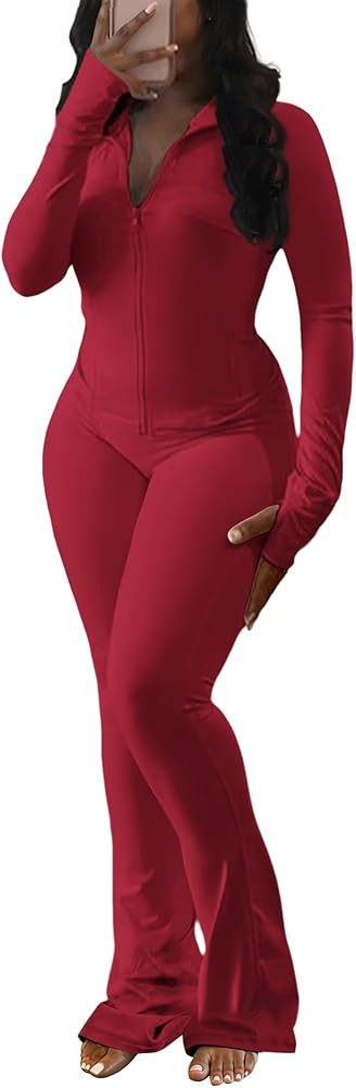 Ophestin Women 2 Piece Outfits Fall Long Sleeve Zip Up Jacket Flare Legging Workout Sets with Poc... | Amazon (US)