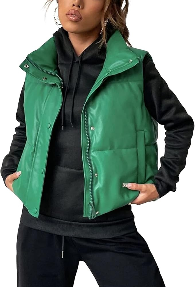 Yidarer Women's Faux Leather Puffer Vest Stand Collar Padded Vest Sleeveless Quilted Lightweight ... | Amazon (US)