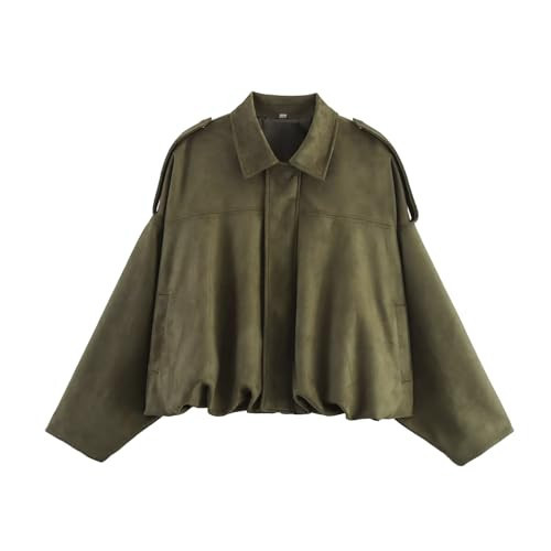 Talakeno Womens Faux Suede Bomber Jacket Casual Lightweight Batwing Long Sleeve Oversized Coat Streetwear Outfits(Army-Green-with-Pocket,S) | Amazon (US)