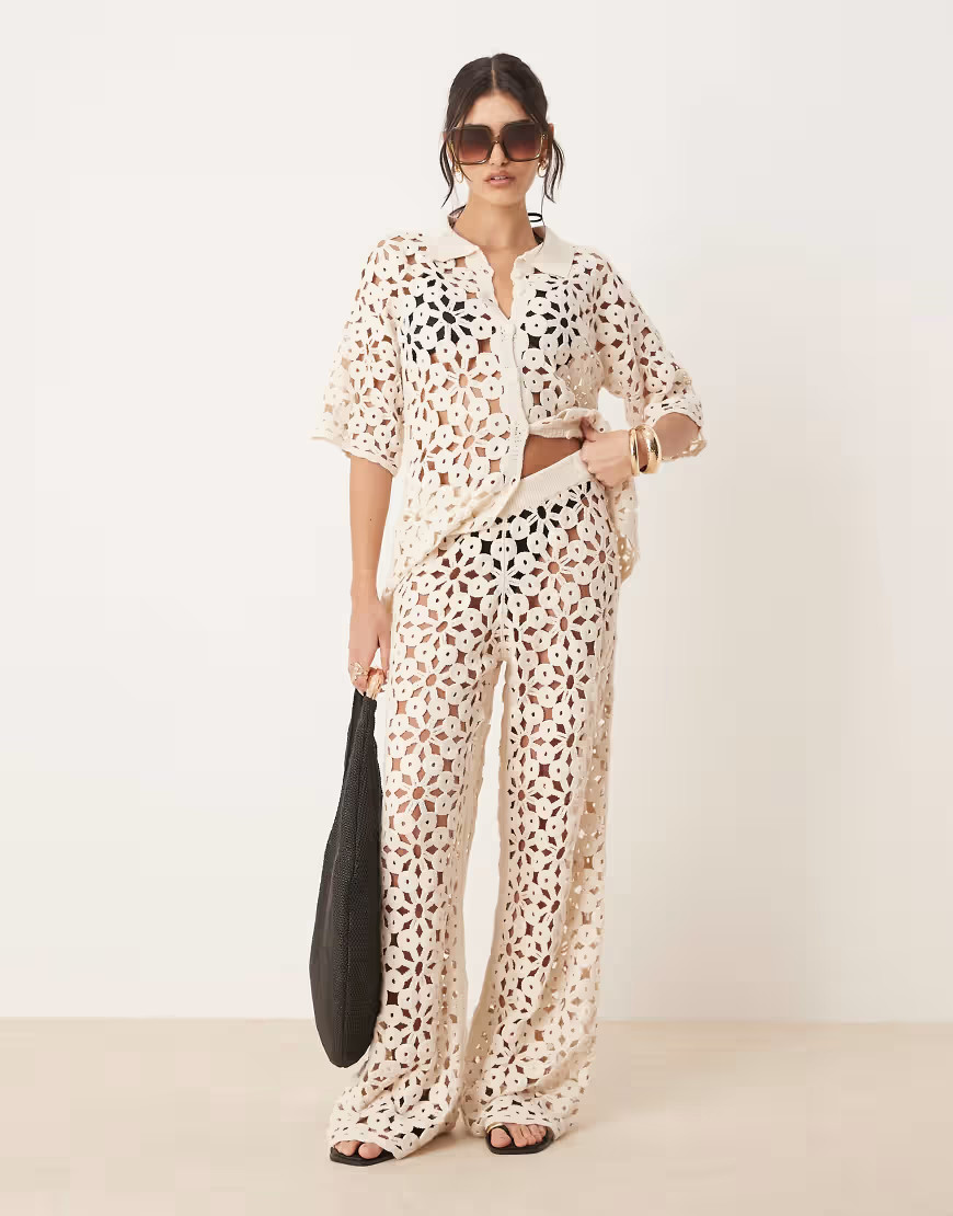 ASOS DESIGN knitted crochet patchwork wide leg trouser co-ord in cream-Neutral | ASOS (Global)