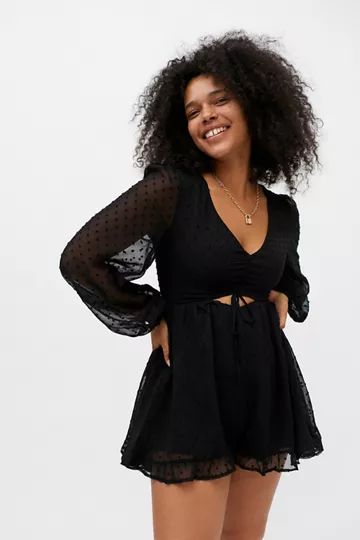 Kiss The Sky Puff Sleeve V-Neck Romper | Urban Outfitters (US and RoW)