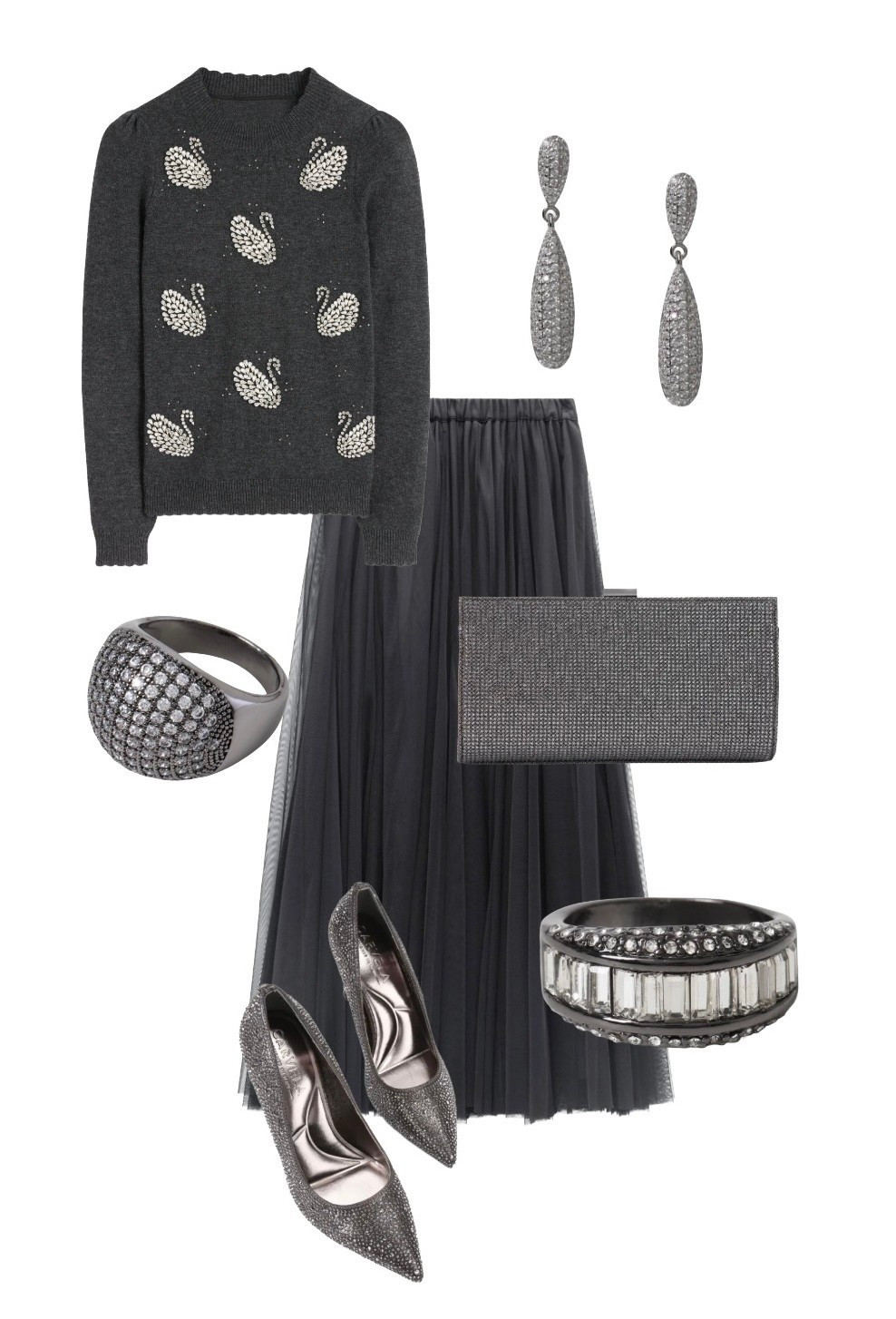A swan lake inspired Christmas party look, combining the NEW IN cosy Elizabeth knit by Boden featuring embellished swan 🦢 detailing! Wear this outfit to everything from the work Christmas party to a night at the ballet 🩶

Complete the edgy ballerina look with the newly restocked Millie charcoal tulle maxi skirt by Hush (also available at John Lewis), Crystal embellished Casella Heatseal pewter heels and Helena Crystal Clutch bag by Carvella and jewellery by Marks and Spencer (gift idea) including the stunning platinum plated cubic zirconia pave drop earrings reminiscent of a disco ball 🪩, silver glass Baguette cut ring and Embellished Gunmetal Ring  



#LTKfestive #LTKpartywear #LTKeurope
