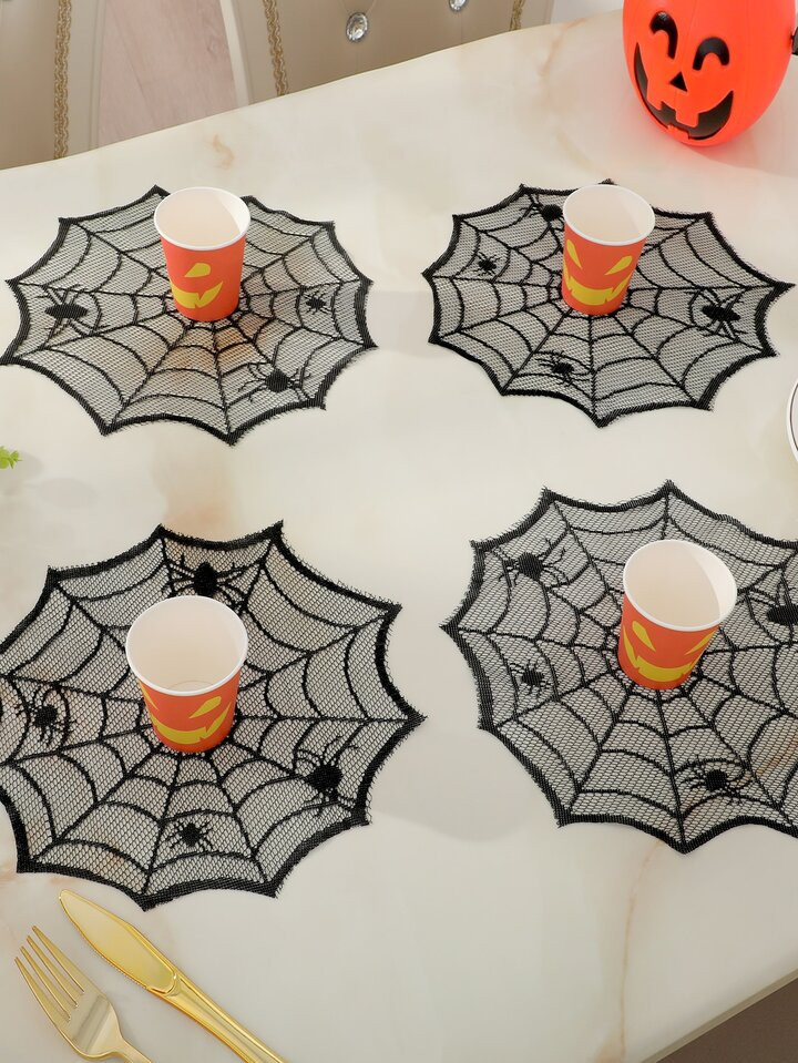Halloween Black Round Spiderweb Design Placemats & Coasters & Lace Tablecloth Set, Party Decor Sc... | SHEIN