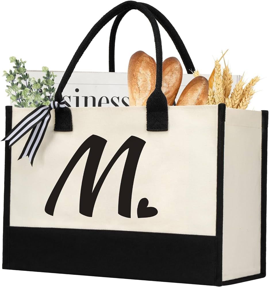 shenee Initial Canvas Tote Bag, Personalized Beach Jute Bag Present for Women Holiday, Friends Bi... | Amazon (US)