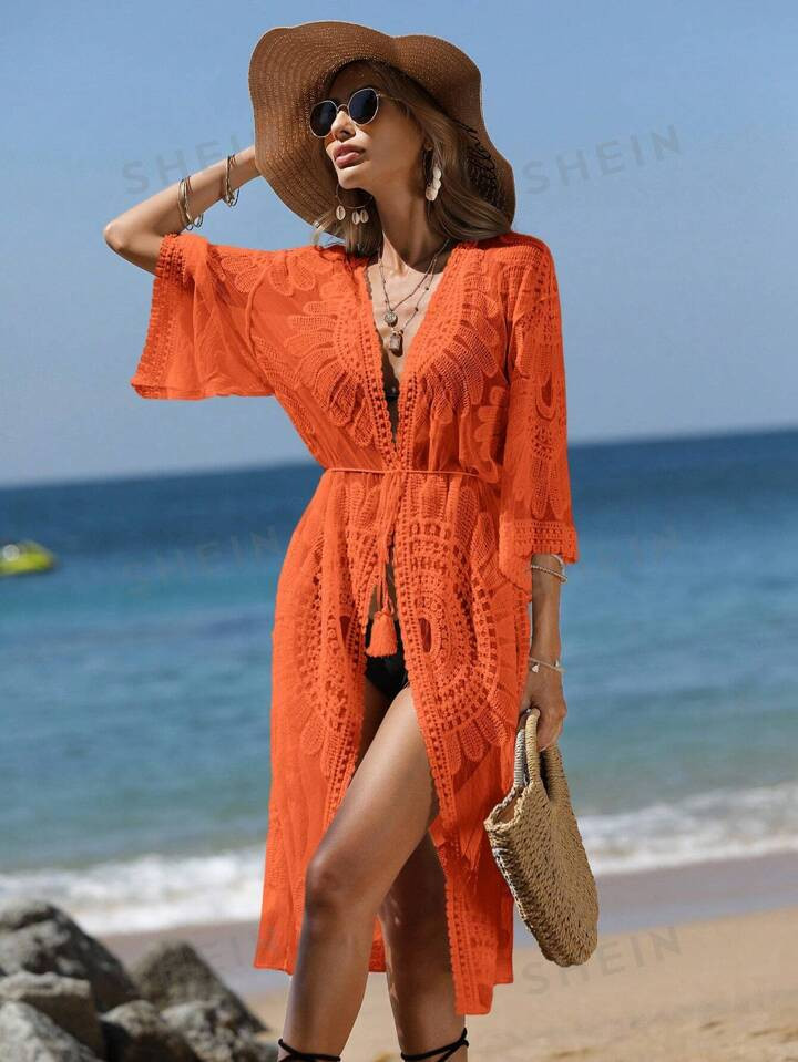 SHEIN Swim Vcay Women Beach Vacation Loose Fit Long Kimono Cover Up With Cropped Sleeves,Summer B... | SHEIN