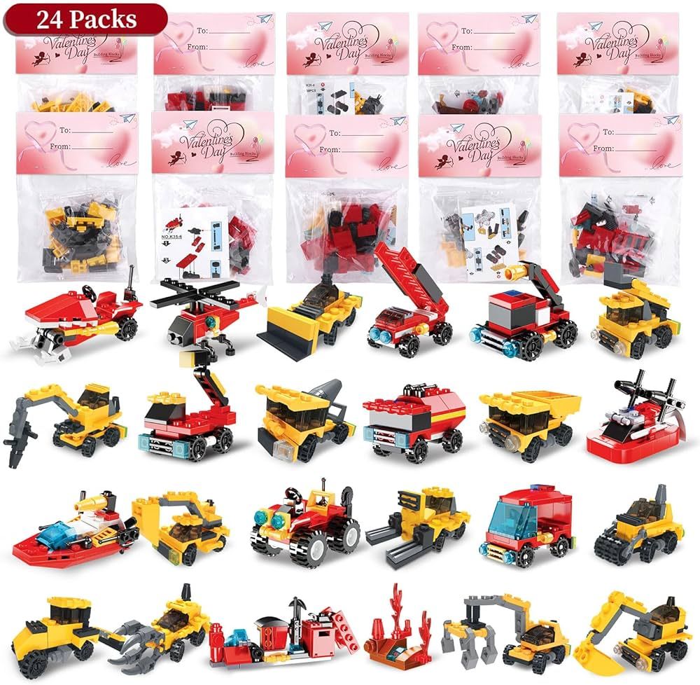 24 Pack Valentines Day Gifts for Kids Fire Truck and Construction Vehicle Building Blocks, Perfec... | Amazon (US)