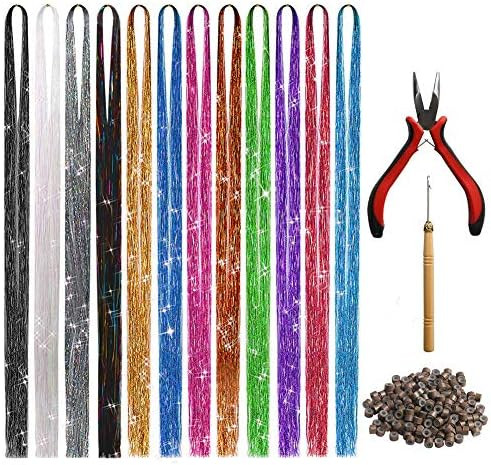 Amazon.com : 47 Inches Hair Extension Tinsel with Tool 12 Colors 2400 Strands Hair Extension Tins... | Amazon (US)