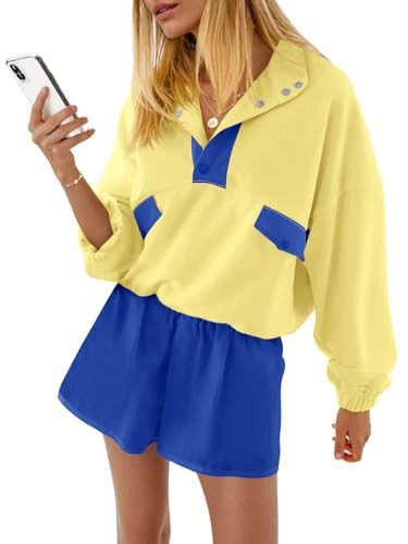 Fisoew Womens 2 Piece Outfits Sweatsuits Casual Snap Color Block Sweatshirts Running Shorts Sets Fall Loose Tracksuits | Amazon (US)