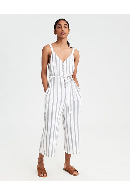 AE Striped Button-Front Culotte Jumpsuit | American Eagle Outfitters (US & CA)