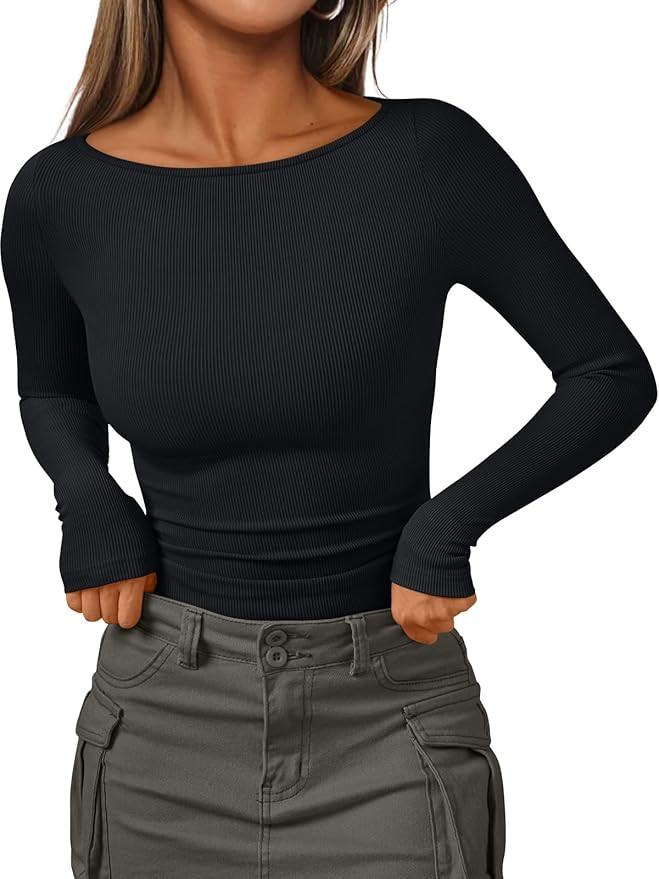 Trendy Queen Women Long Sleeve Shirts Ribbed Tops Fall Fashion 2025 Underscrub Basic Casual Cloth... | Amazon (US)