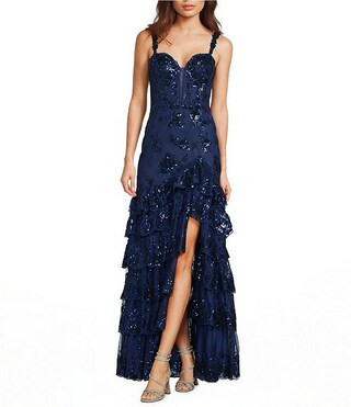Blondie Nites Embroidered Sequin Lace Sweetheart Neck Corseted Ruffled Ballgown | Dillard's | Dillard's