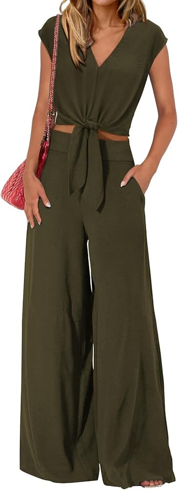 PRETTYGARDEN Women's Summer 2 Piece Outfits 2025 Cap Sleeve V Neck Belted Crop Tops Wide Leg Pant... | Amazon (US)