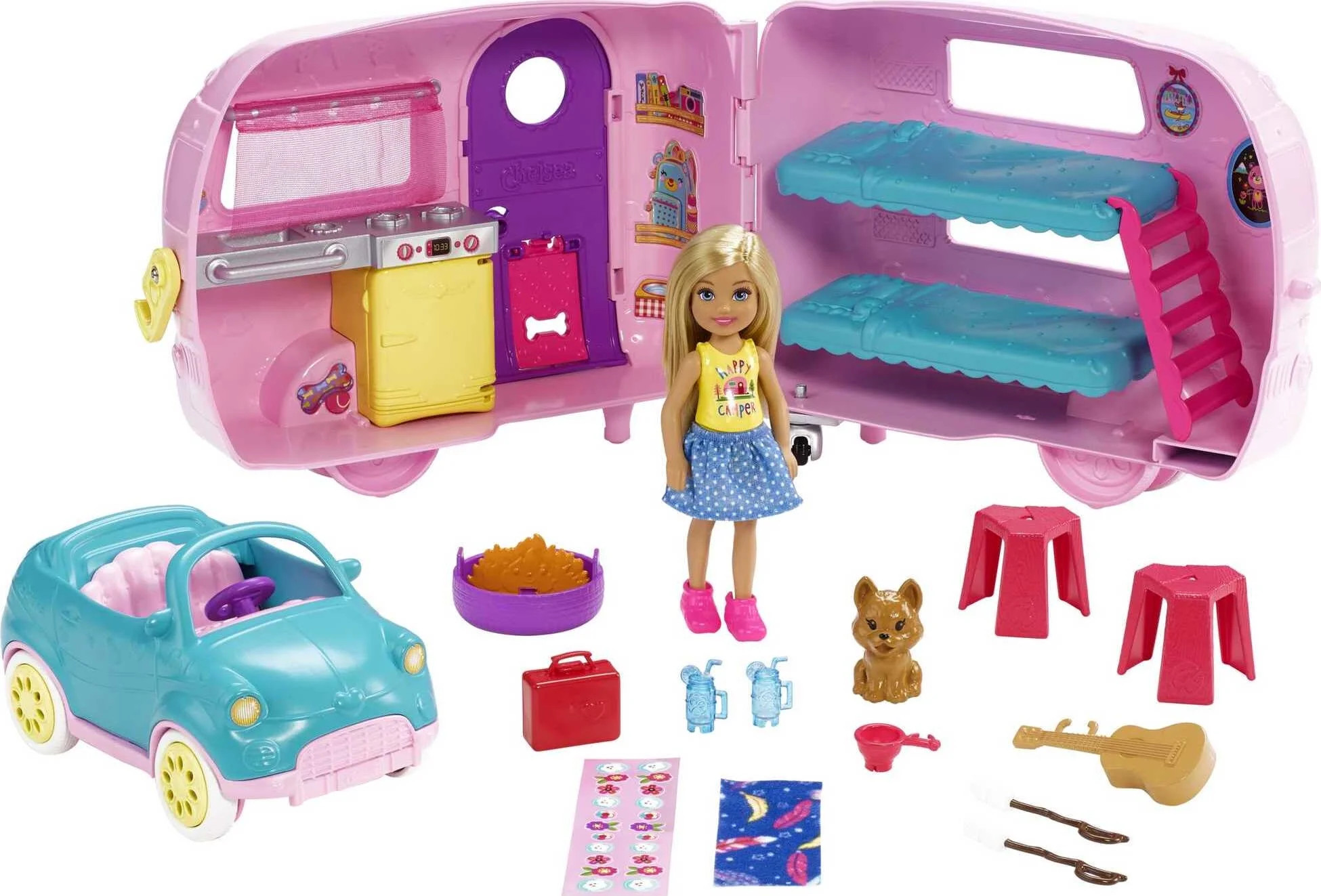 Barbie Club Chelsea Pink Camper Playset, Blonde Small Doll, Pet, Car & 10+ Accessories, Toy for 3... | Walmart (US)