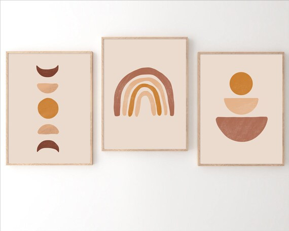 Boho Print Set of 3, Boho Art Prints Set, Minimalist Poster, Sun Moon art, Rainbow Wall Art, Eart... | Etsy (US)