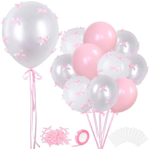 Pink Bow Balloons, 32Pcs 18" 12" Pink Balloons & 100Pcs Mini Pink Ribbon Bows, DIY Bow Balloons for Bow Birthday Baby Shower Decorations, Tying The Knot Bridal Shower Bachelorette Decor | Amazon (US)