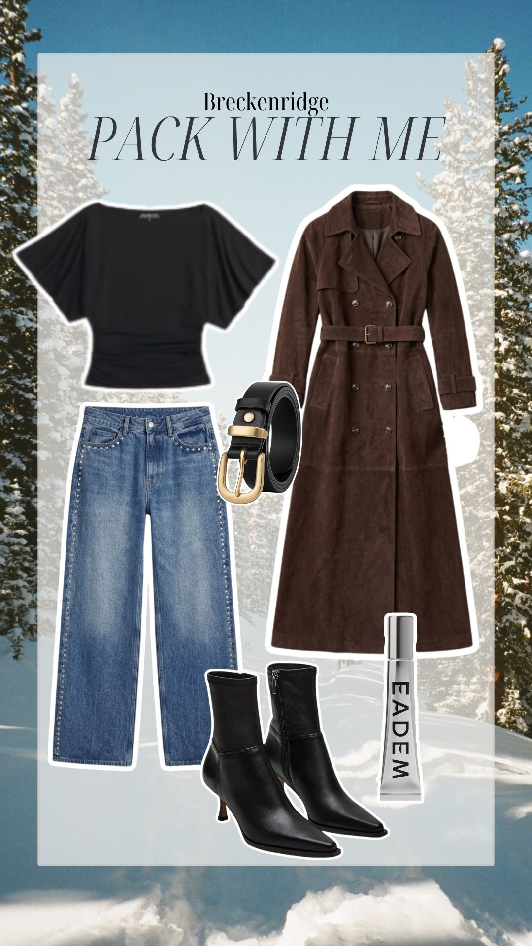 Breckenridge Winter Outfit | Chic Cold Weather Essentials
Heading to the mountains? Copy my Breckenridge outfit - the perfect blend of quiet luxury and functional style. Whether you’re grabbing après-ski drinks or exploring downtown, this look focuses on neutral essentials and elevated silhouettes that work for any snowy getaway.

The star of the show is this stunning chocolate brown suede trench coat—a timeless investment piece for your winter capsule wardrobe. I’ve paired it with studded wide-leg denim for a bit of edge and a sleek black off-the-shoulder top that transitions perfectly from day to night.

Complete the look with classic pointed-toe leather ankle boots, a gold-hardware belt, and hydrated skin with Eadem beauty essentials.

#LTKootd #LTKPetite #LTKSeasonal