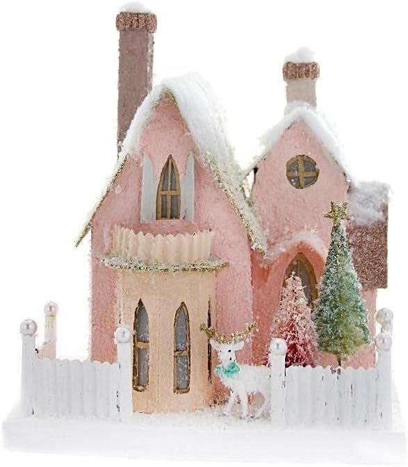 8.5" Pink Christmas Village Manor House with Deer | Amazon (US)
