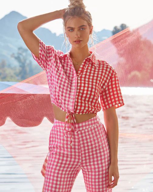 Kamala Gingham Textured Crop Top - Pink/Red | VICI Collection