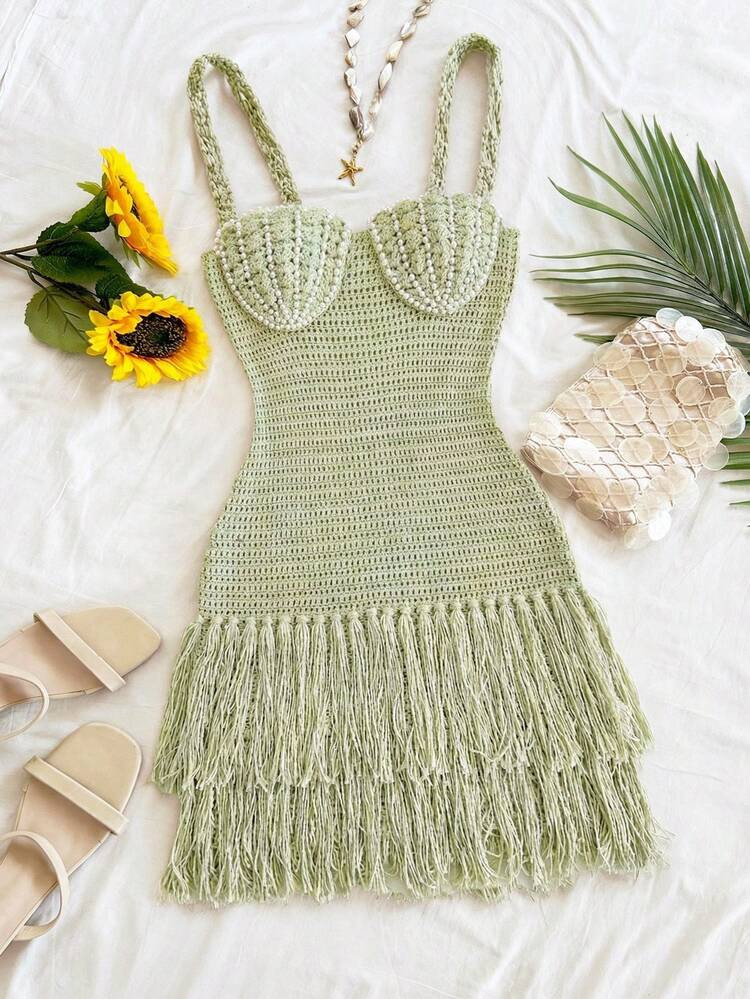Soleia Vestido Mini Ajustado Con Tirantes De Espagueti, Bajo Con Flecos Y Con Forma De Concha, Estilo Bohemio, Apropiado Para Primavera/Verano, Día De San Valentín, Citas | SHEIN